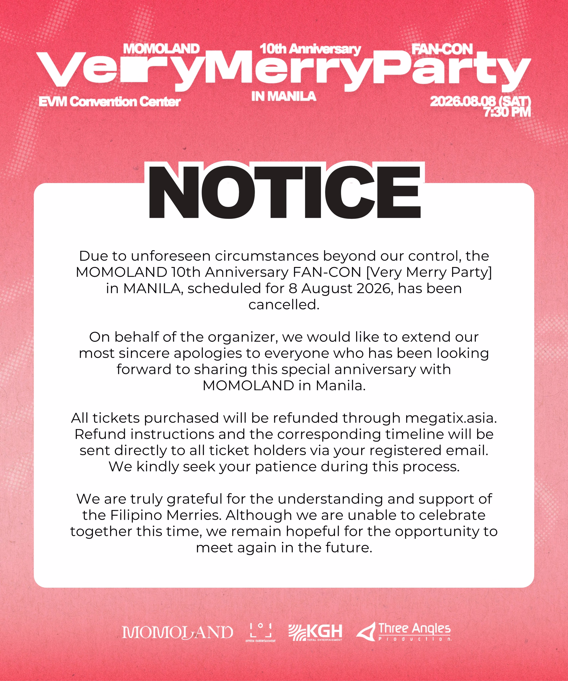 MOMOLAND 'Very Merry Party' Cancellation Notice