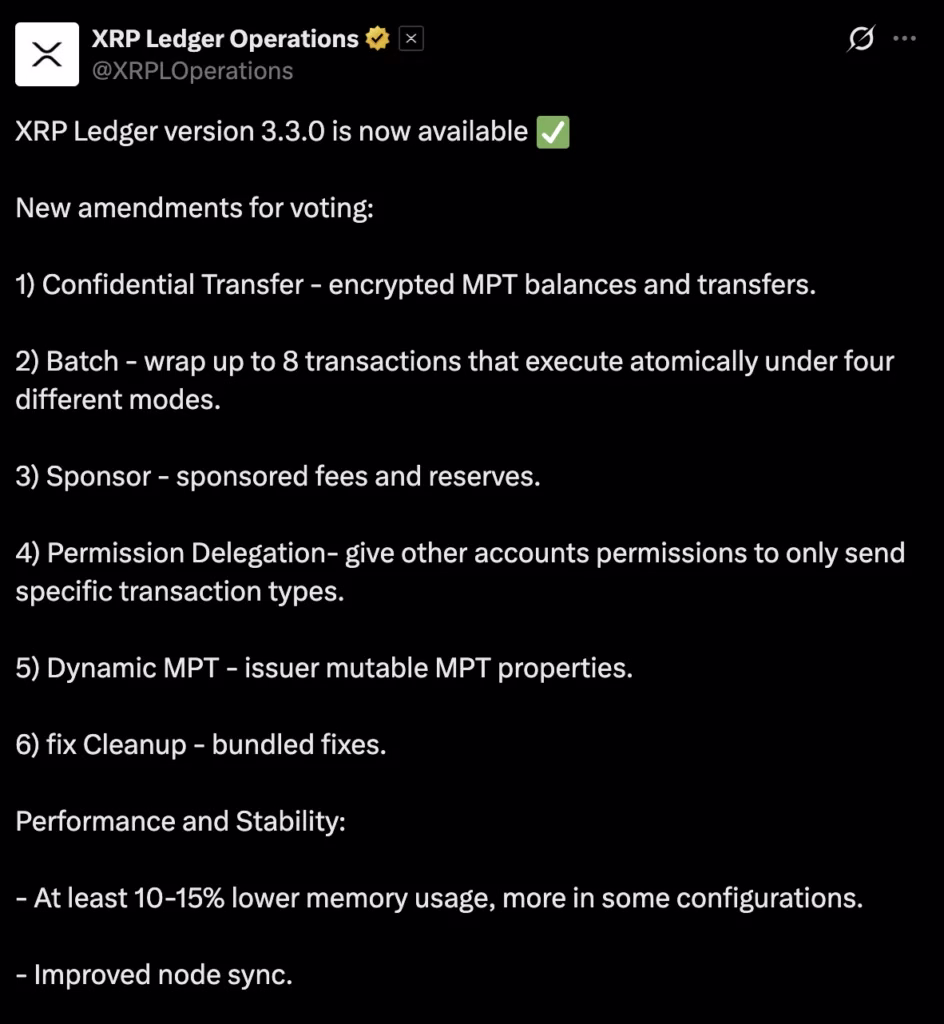 XRP Ledger network upgrade interface showing version 3.3.0 protocol updates