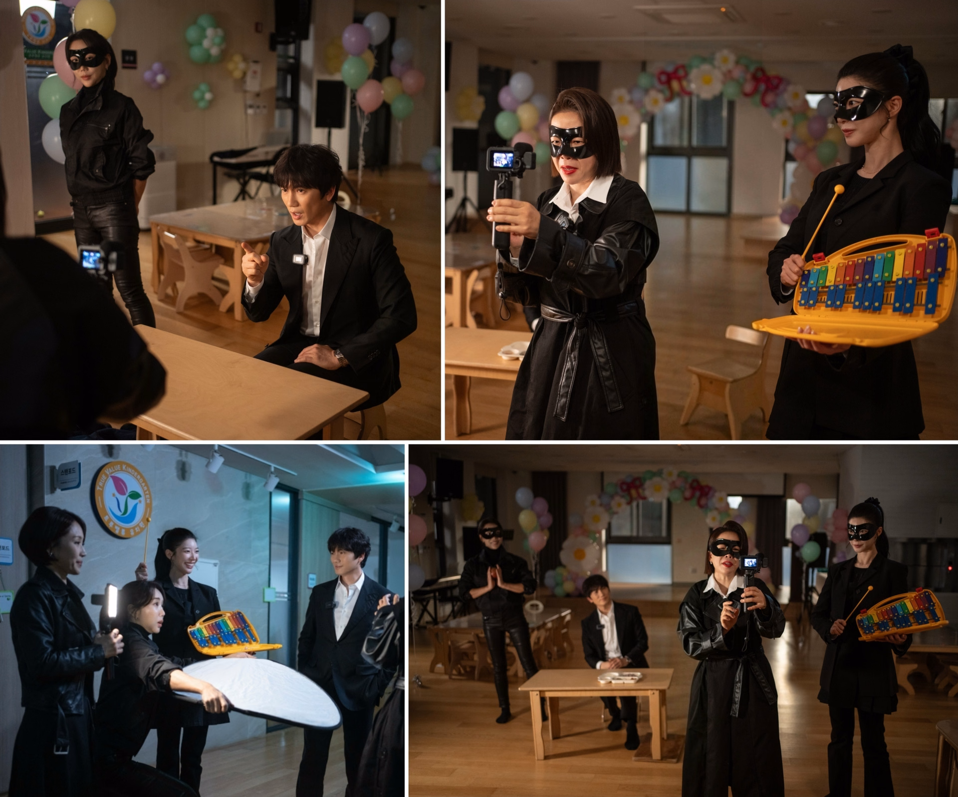 Ji Sung and his squad of masked moms preparing for their YouTube live broadcast in The Apartment Job