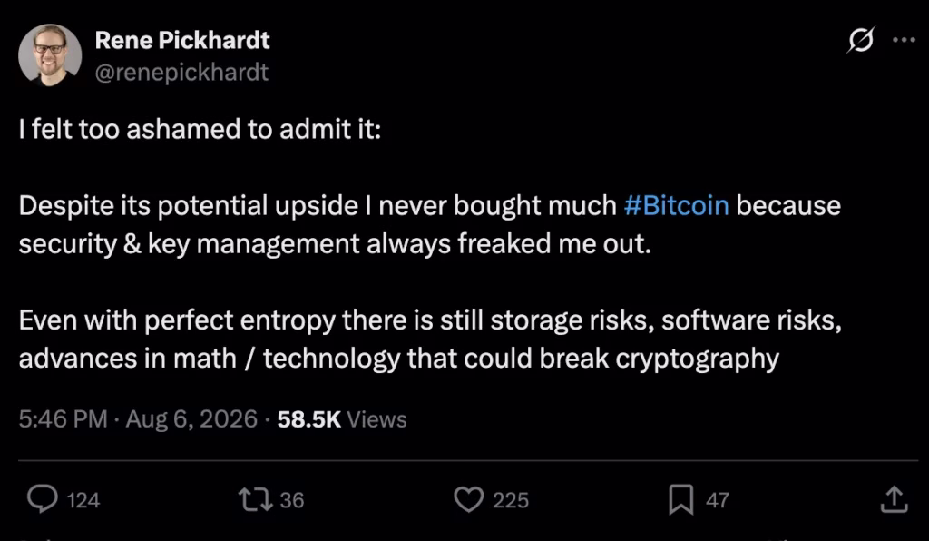 Bitcoin developer discussing self-custody security concerns and key management challenges