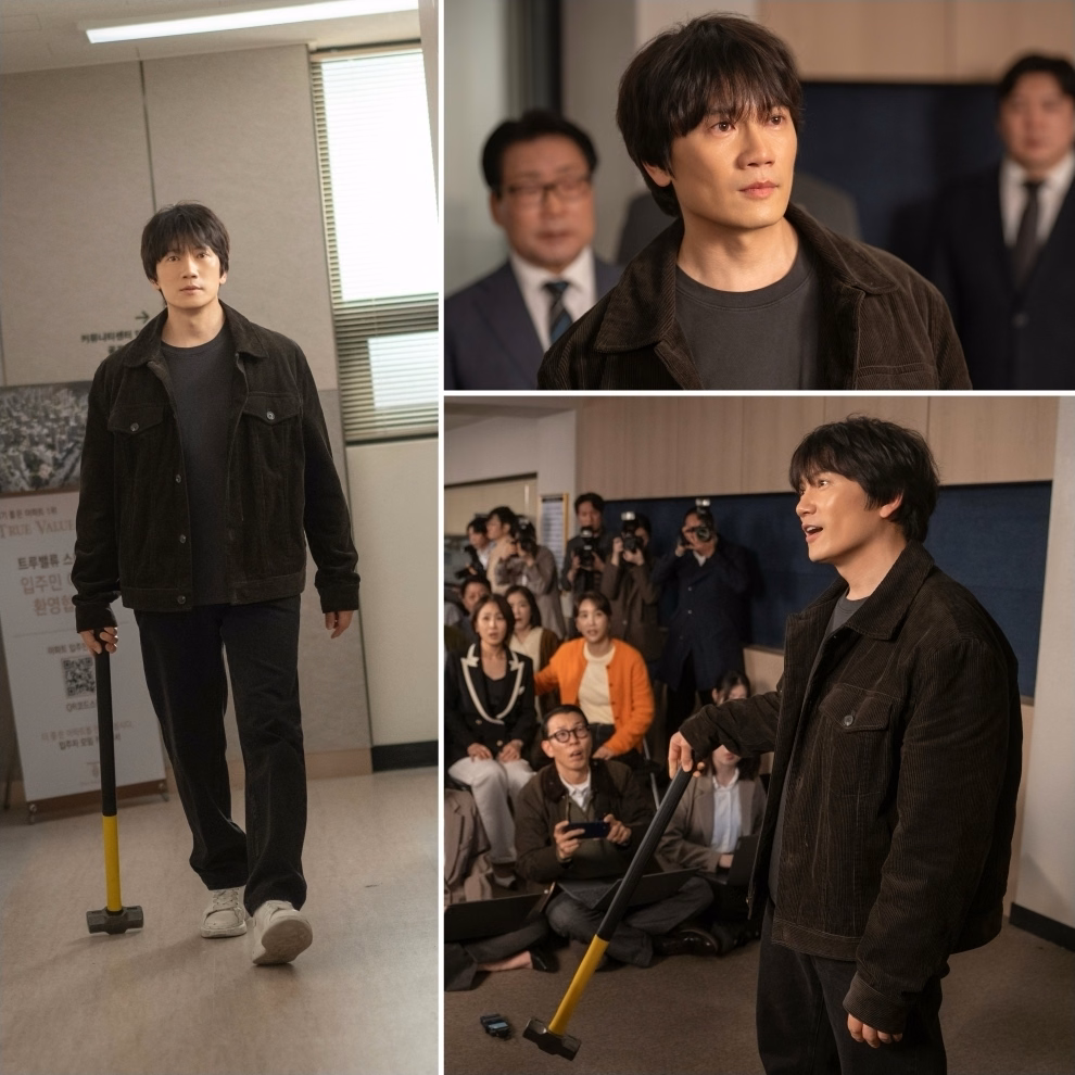Ji Sung storms into the residents meeting room wielding a sledgehammer in The Apartment Job