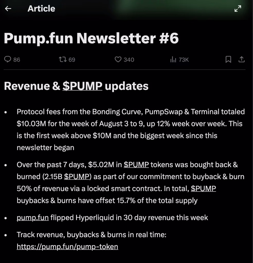 Pump.fun protocol revenue dashboard showing weekly fee generation and trading metrics