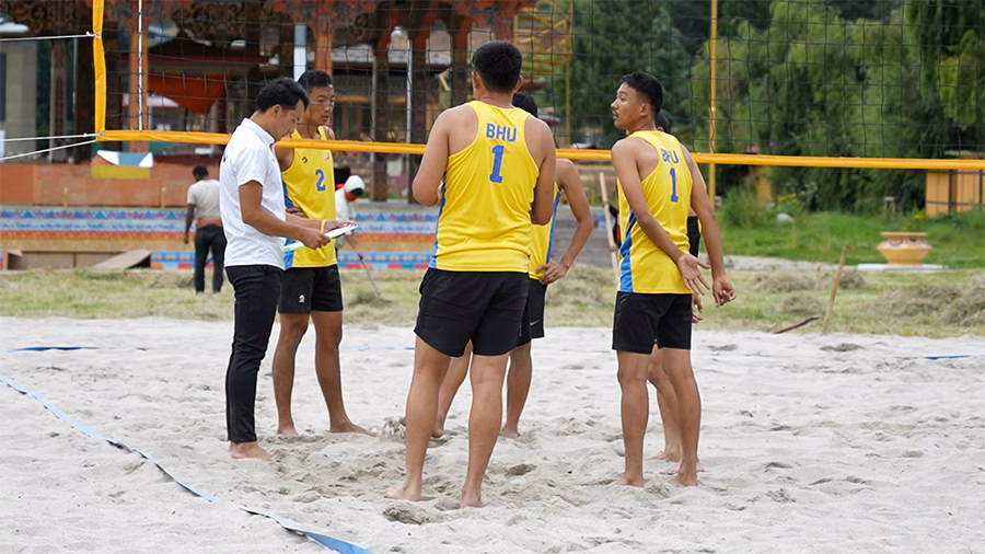 Bhutanese beach volleyball players during training session at Changlimithang