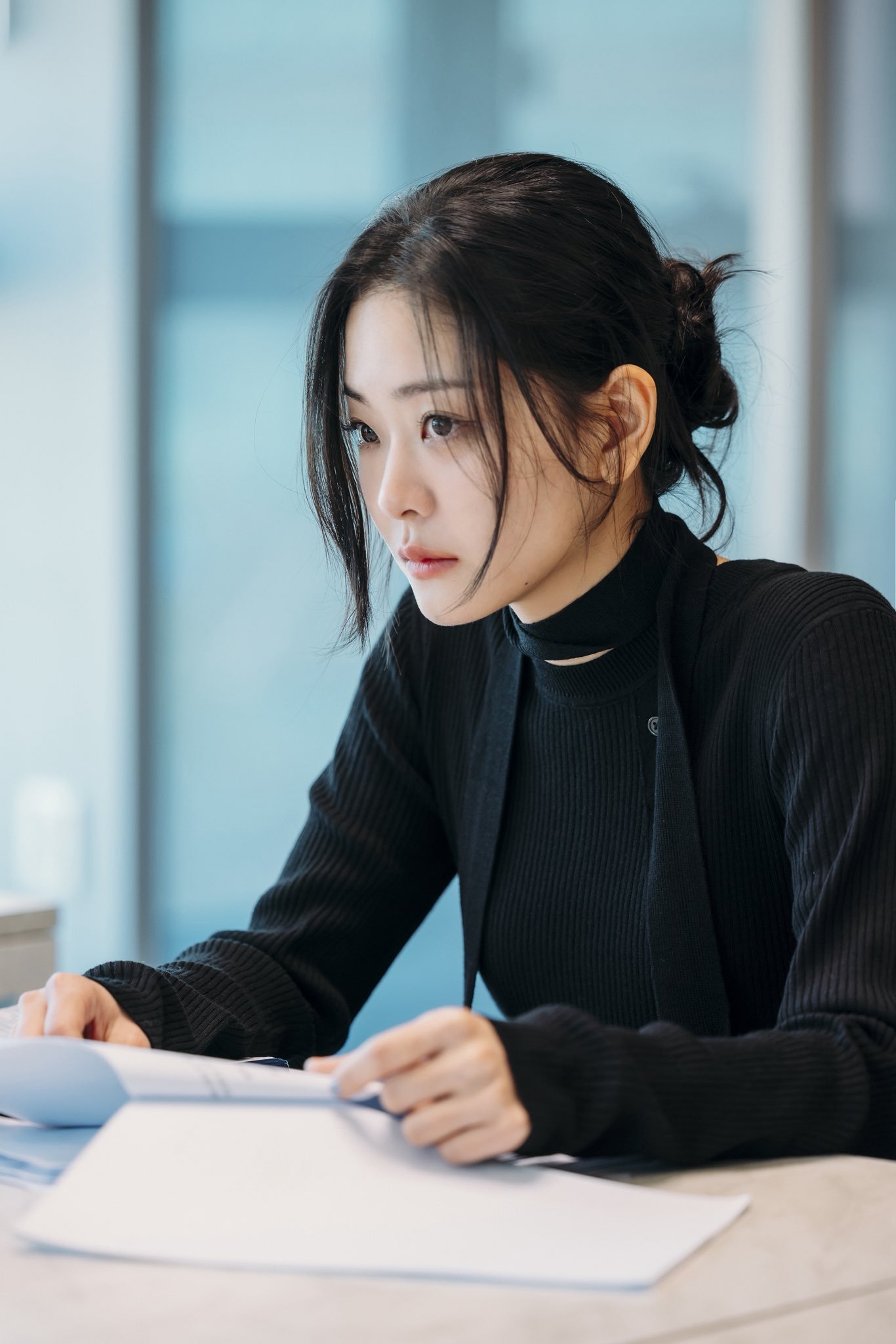 Chung Su Bin with a contemplative look